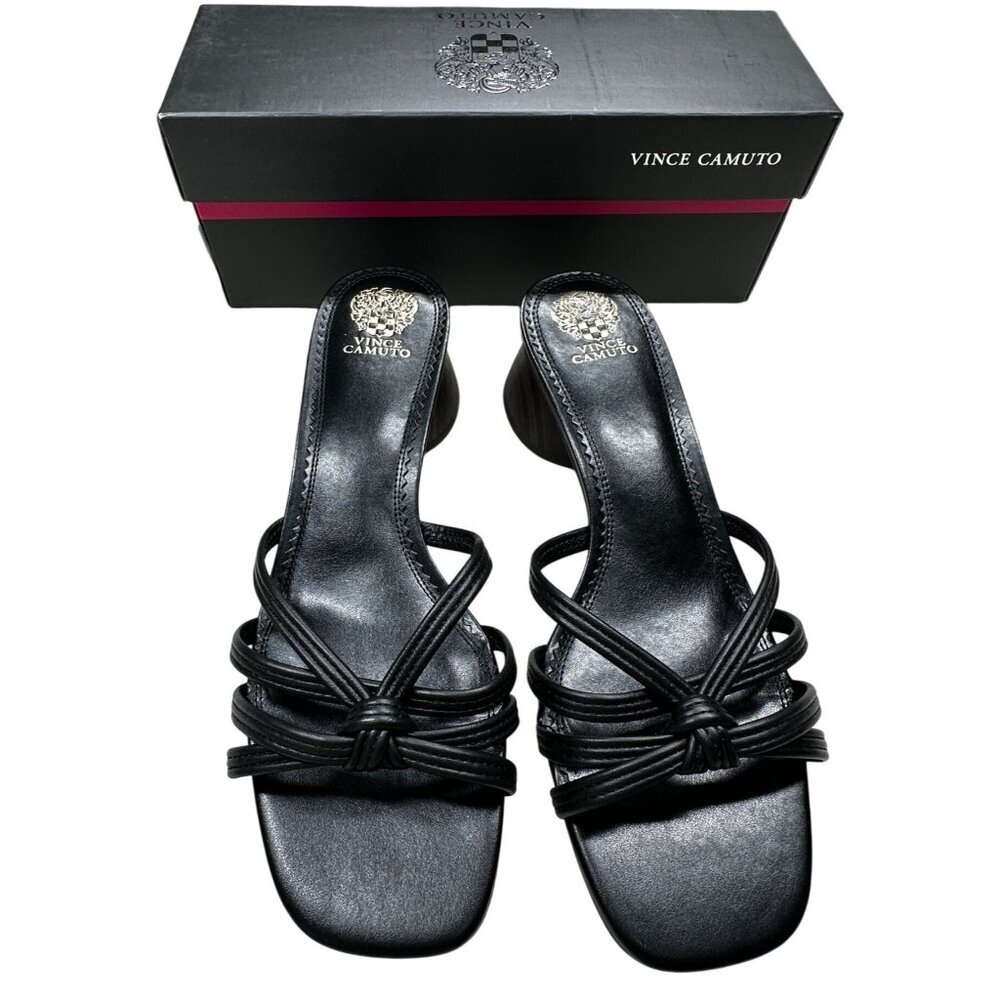 Vince Camuto Black Sandal Womens Size 11 Laniah Leather‎ Strappy Heeled Slip-On